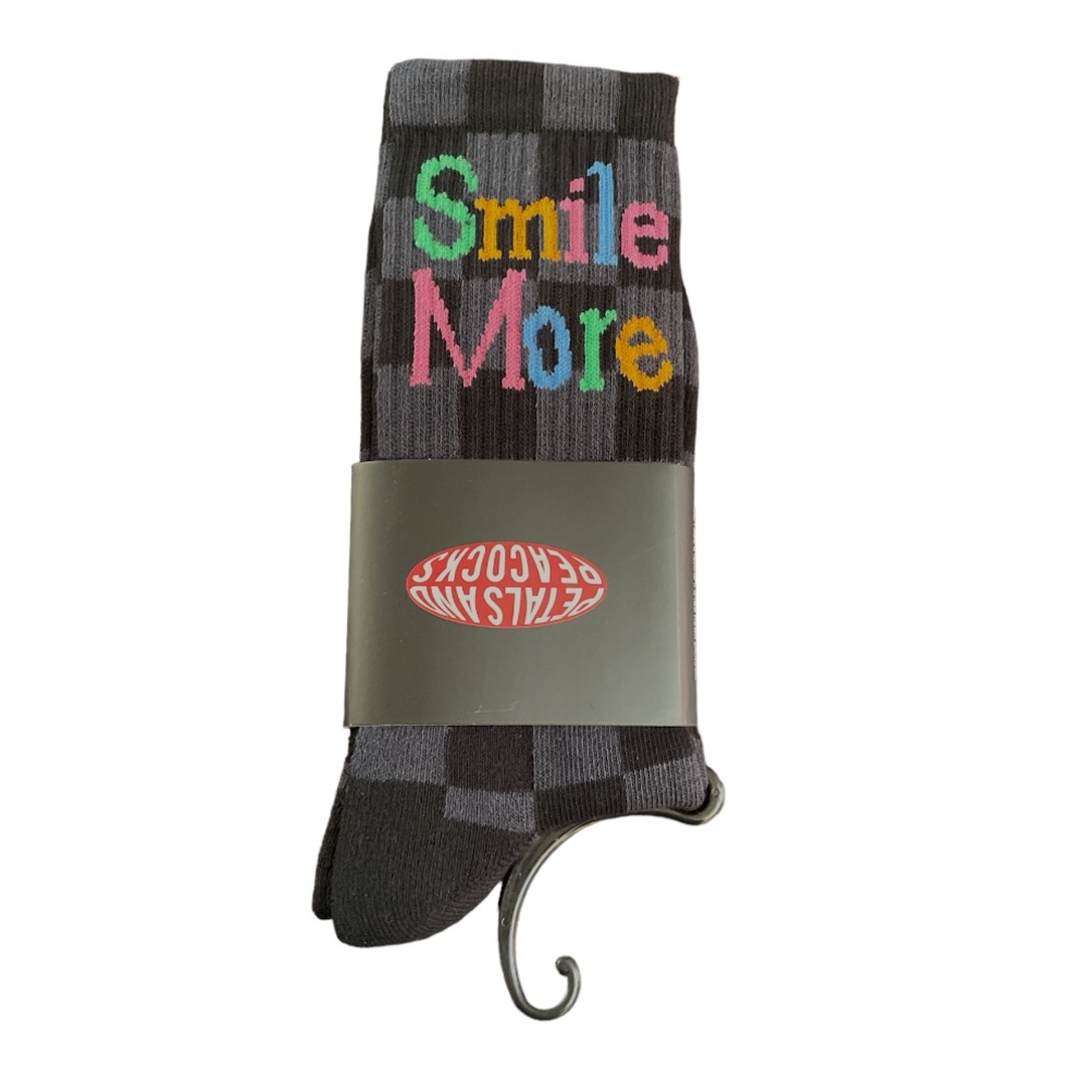 Petals and Peacocks Smile More Checkered Crew Socks Black Gray One Size